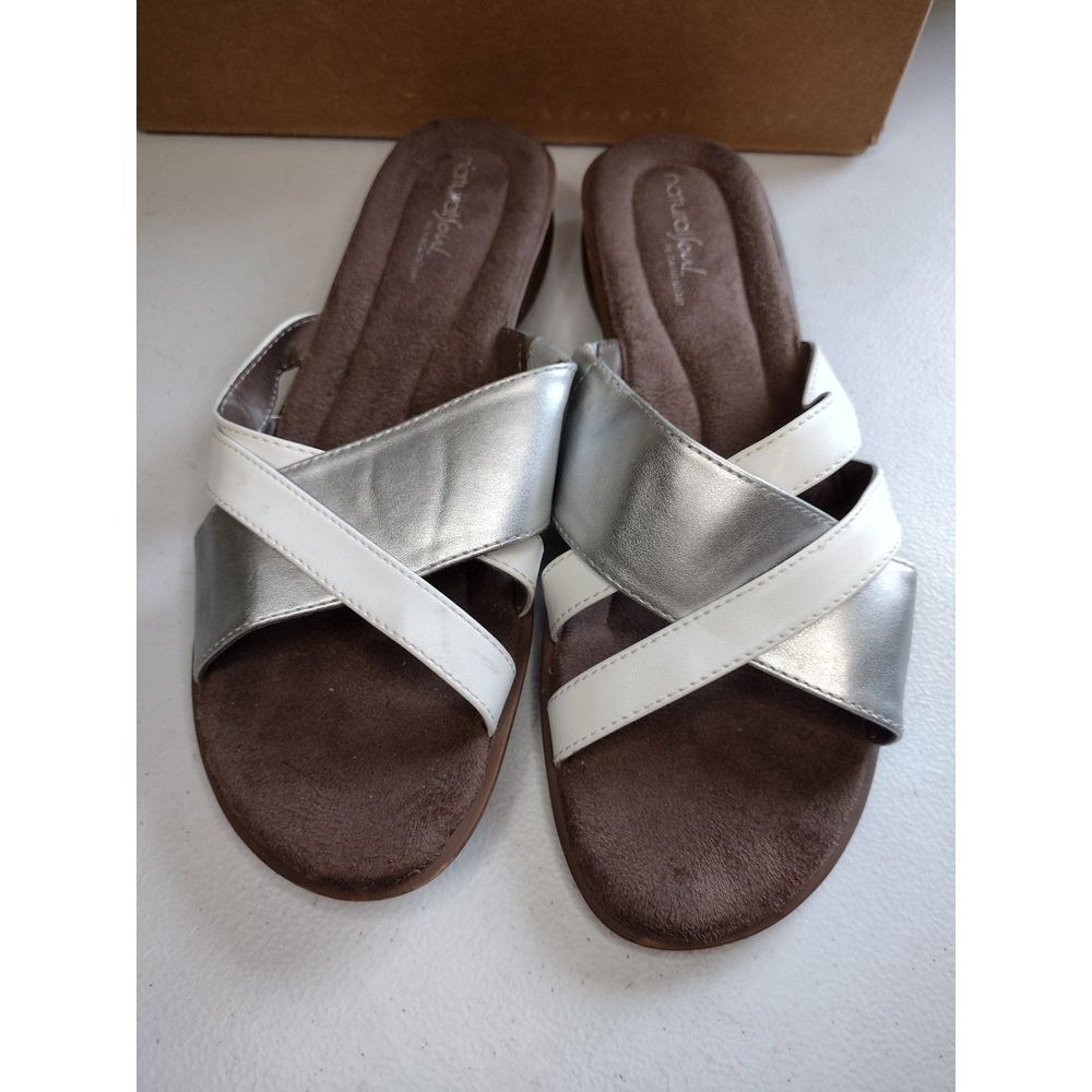 Naturalizer Women Silver White Strappy Slide Sandals Comfort Wedge‎ Heel 10